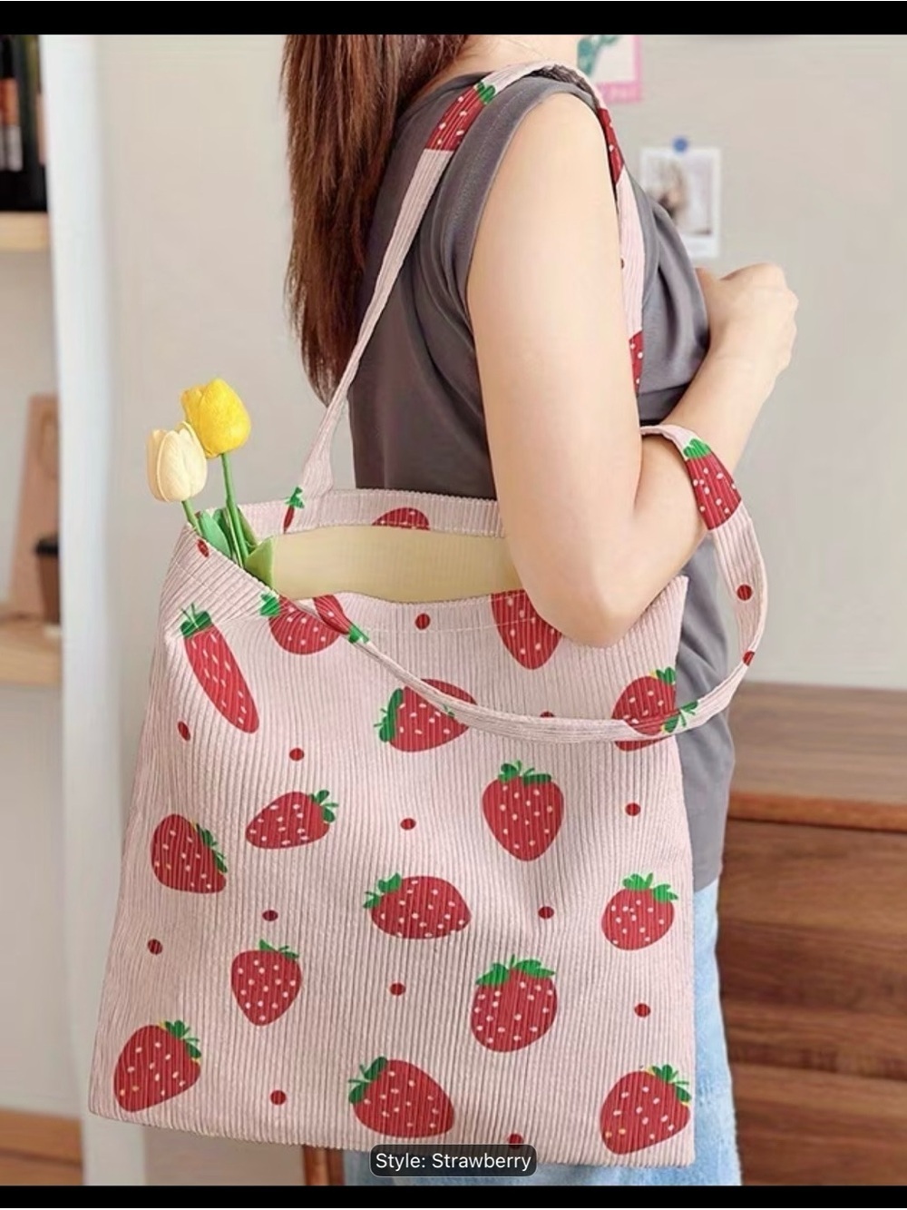 Strawberry Corduroy Tote Bag - NWT